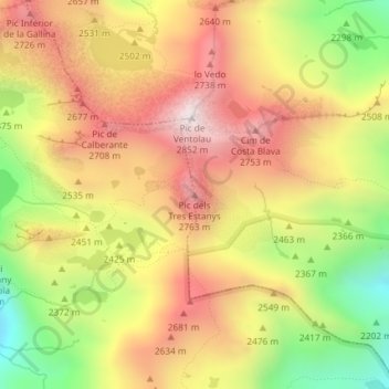 Mappa topografica Pic dels Tres Estanys, altitudine, rilievo