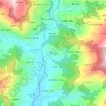 Mappa topografica Golana, altitudine, rilievo