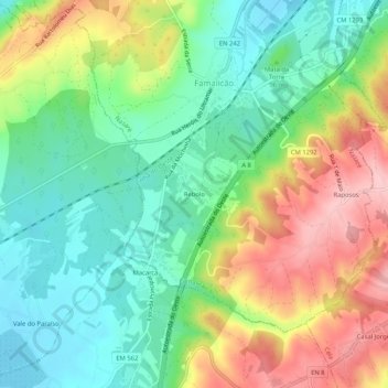 Mappa topografica Rebolo, altitudine, rilievo