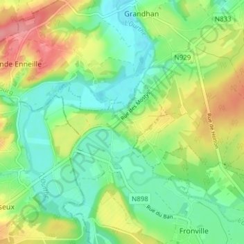Mappa topografica Monteuville, altitudine, rilievo