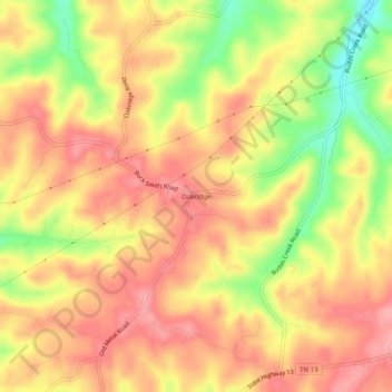 Mappa topografica Oakridge, altitudine, rilievo