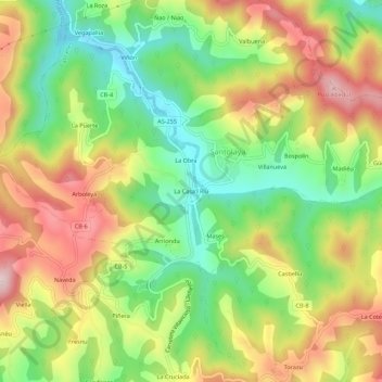 Mappa topografica La Casa'l Ríu, altitudine, rilievo