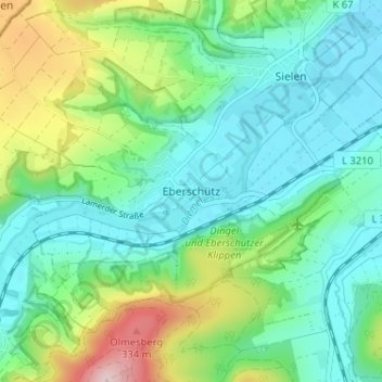 Mappa topografica Eberschütz, altitudine, rilievo