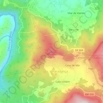 Mappa topografica Montão, altitudine, rilievo