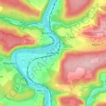 Mappa topografica Godinne, altitudine, rilievo