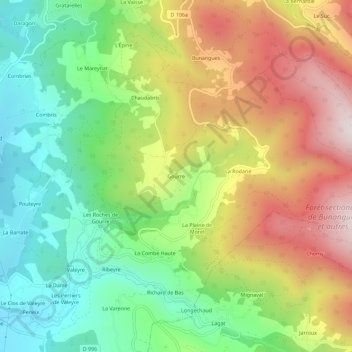 Mappa topografica Gourre, altitudine, rilievo