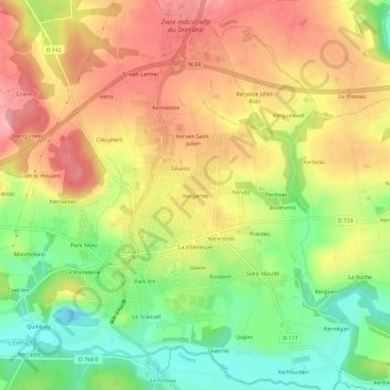 Mappa topografica Kergarrec, altitudine, rilievo