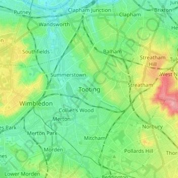Mappa topografica Tooting, altitudine, rilievo