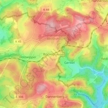 Mappa topografica Börlinghausen, altitudine, rilievo