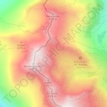 Mappa topografica Source du Rhin, altitudine, rilievo