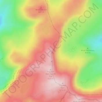 Mappa topografica Ysgafell Wen, altitudine, rilievo