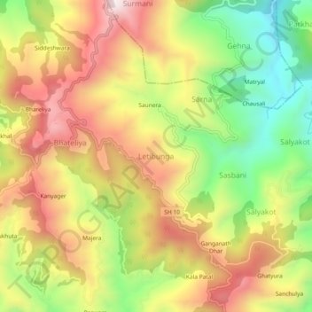 Mappa topografica Letibunga, altitudine, rilievo