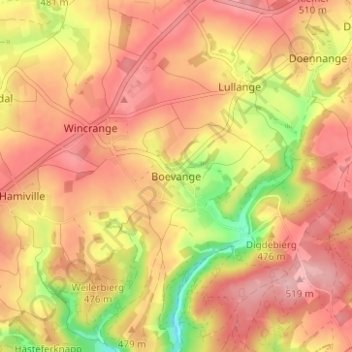 Mappa topografica Boevange, altitudine, rilievo