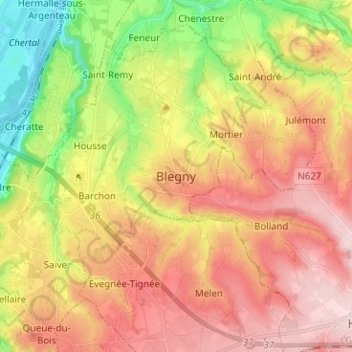 Mappa topografica Blegny, altitudine, rilievo