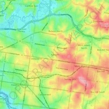 Mappa topografica Balwyn, altitudine, rilievo