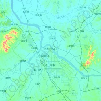 Mappa topografica Fuzhou, altitudine, rilievo