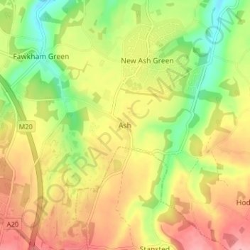 Mappa topografica Ash, altitudine, rilievo
