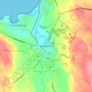 Mappa topografica Bushmills, altitudine, rilievo