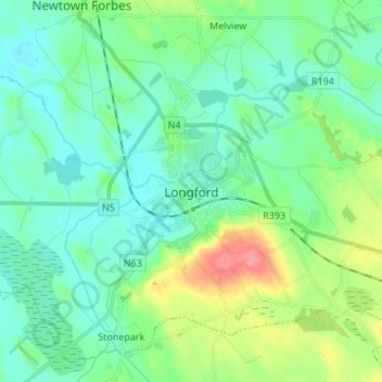 Mappa topografica Longford, altitudine, rilievo