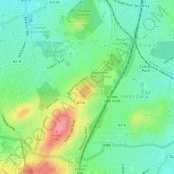 Mappa topografica Honor Oak, altitudine, rilievo