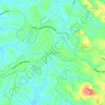 Mappa topografica Pooyappally, altitudine, rilievo