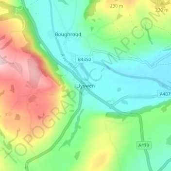 Mappa topografica Llyswen, altitudine, rilievo