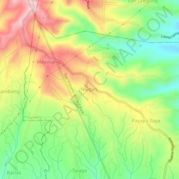 Mappa topografica Niugan, altitudine, rilievo