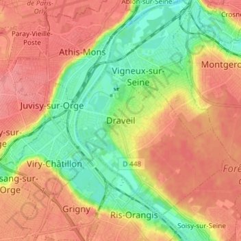 Mappa topografica Draveil, altitudine, rilievo