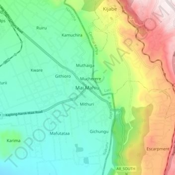 Mappa topografica Mai Mahiu, altitudine, rilievo