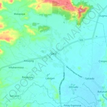 Mappa topografica Sara, altitudine, rilievo