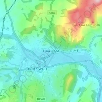Mappa topografica Llanelwedd, altitudine, rilievo