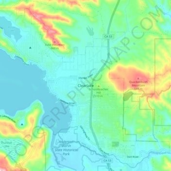 Mappa topografica Clearlake, altitudine, rilievo