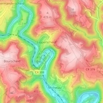 Mappa topografica Moulin de Bourscheid, altitudine, rilievo