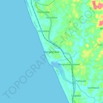 Mappa topografica Manjeshwar, altitudine, rilievo