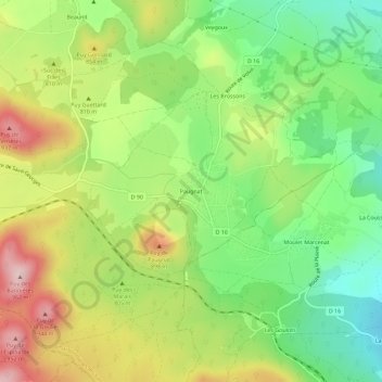 Mappa topografica Paugnat, altitudine, rilievo
