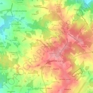 Mappa topografica Vergne Blanche, altitudine, rilievo