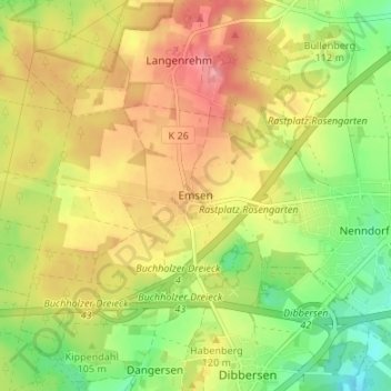 Mappa topografica Emsen, altitudine, rilievo