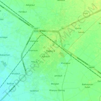 Mappa topografica Rajpura, altitudine, rilievo