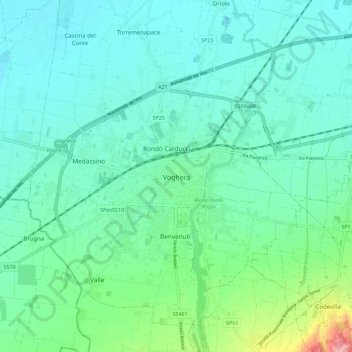 Mappa topografica Voghera, altitudine, rilievo
