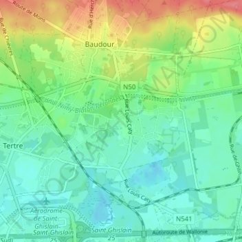 Mappa topografica Douvrain, altitudine, rilievo