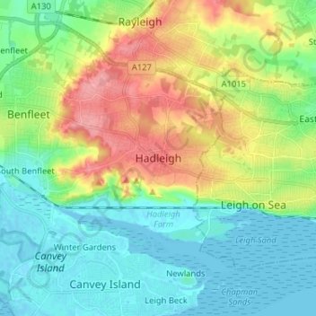 Mappa topografica Hadleigh, altitudine, rilievo