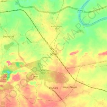 Mappa topografica Amlai, altitudine, rilievo