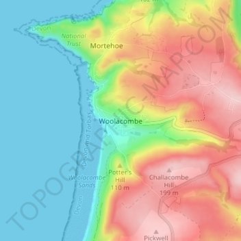 Mappa topografica Woolacombe, altitudine, rilievo