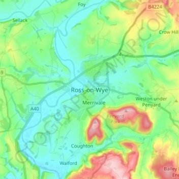Mappa topografica Ross-on-Wye, altitudine, rilievo