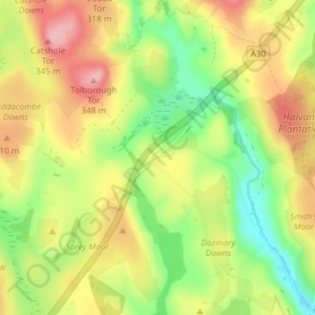 Mappa topografica Bolventor, altitudine, rilievo