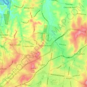 Mappa topografica Croydon North, altitudine, rilievo