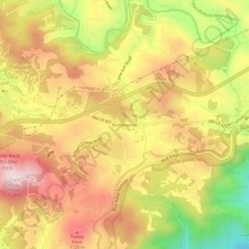 Mappa topografica Rutherwood, altitudine, rilievo