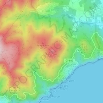 Mappa topografica Puig Gros, altitudine, rilievo