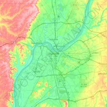 Mappa topografica Louisville, altitudine, rilievo