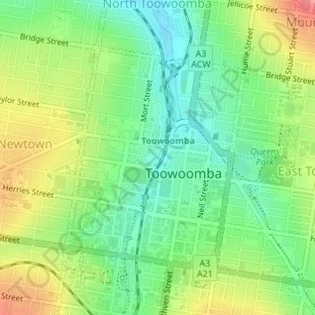 Mappa topografica Toowoomba City, altitudine, rilievo